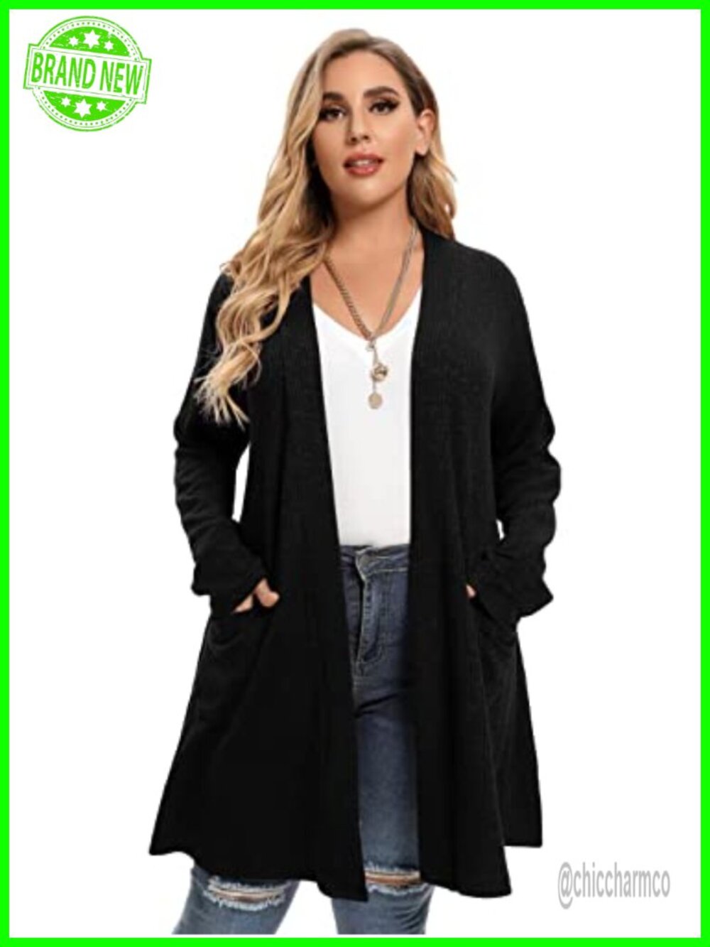 Open Front Knit Plus Size Cardigan Sweater with Pockets
